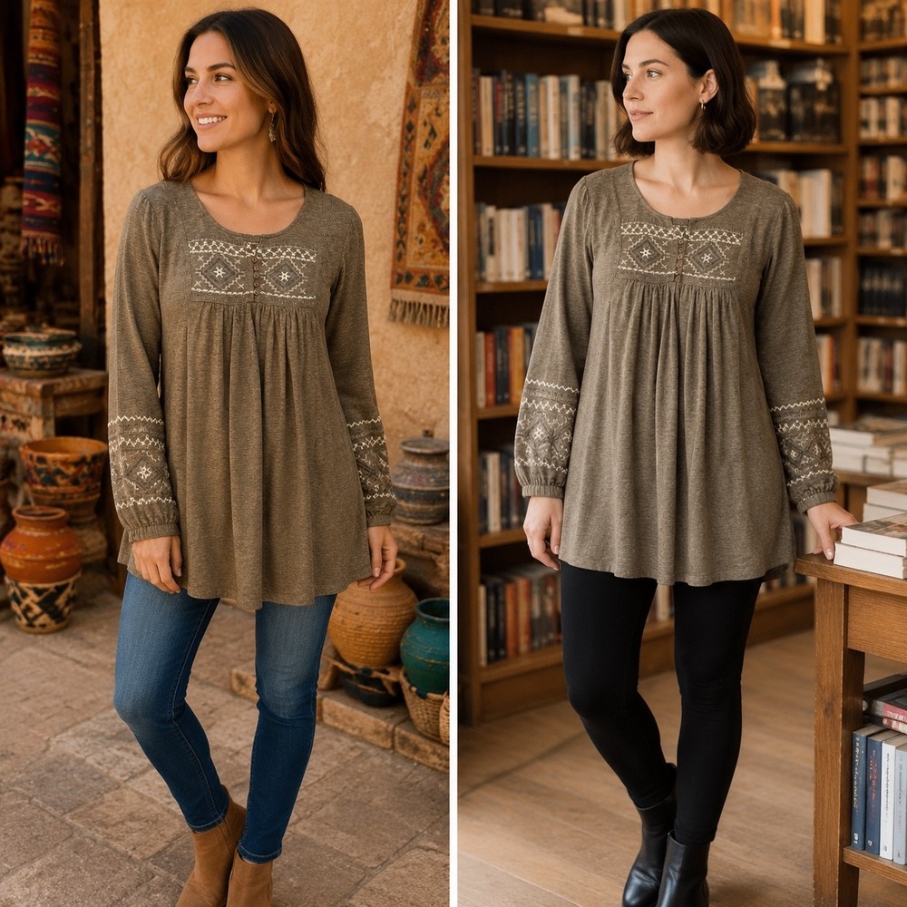 Monoreno S Top Brown Embroidered Boho Henley Swing Tunic Long Sleeve Prairie